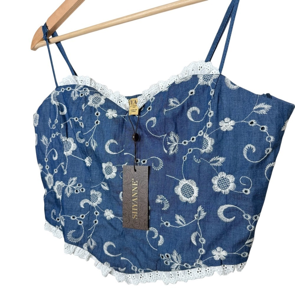Nwt Shyanne Blue Denim Embroidered Corset Top Size M - Picture 3 of 5